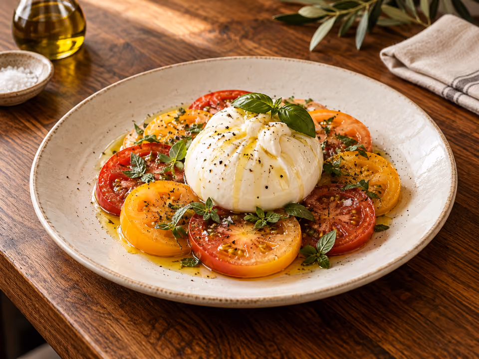 Burrata na kolorowych pomidorach z oliwą