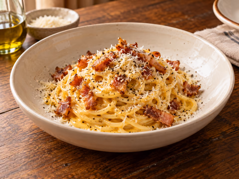 Spaghetti carbonara z guanciale i pecorino