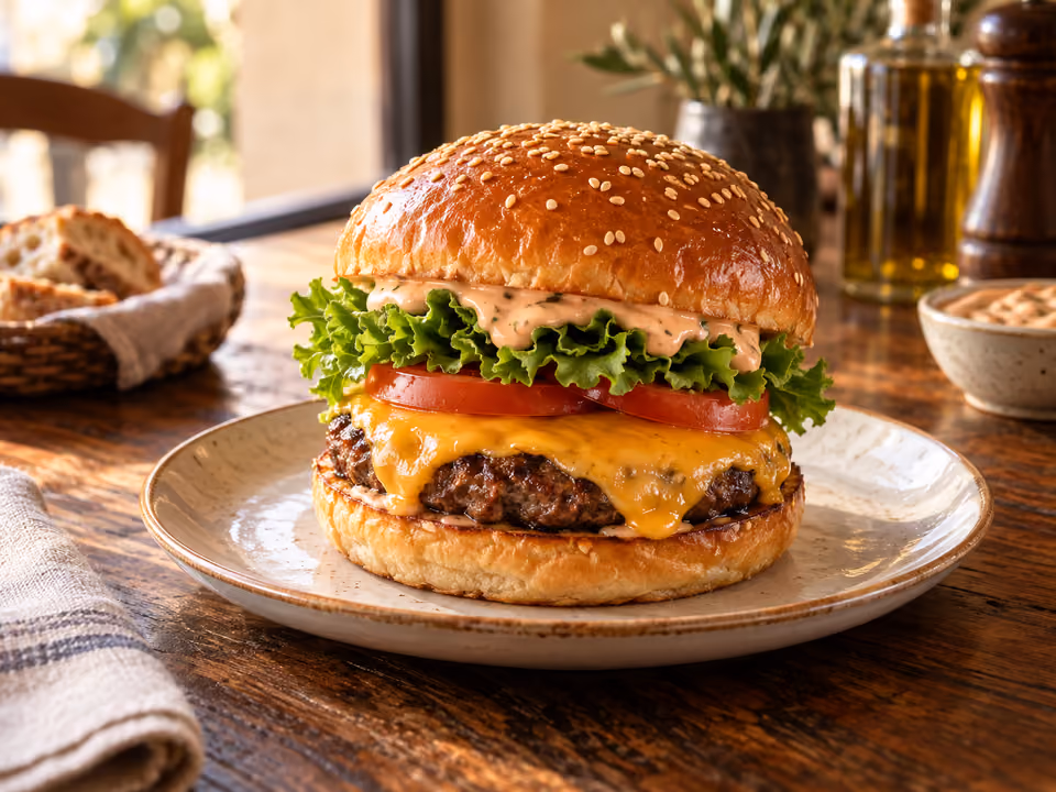Burger wołowy z cheddarem, pomidorem i sałatą