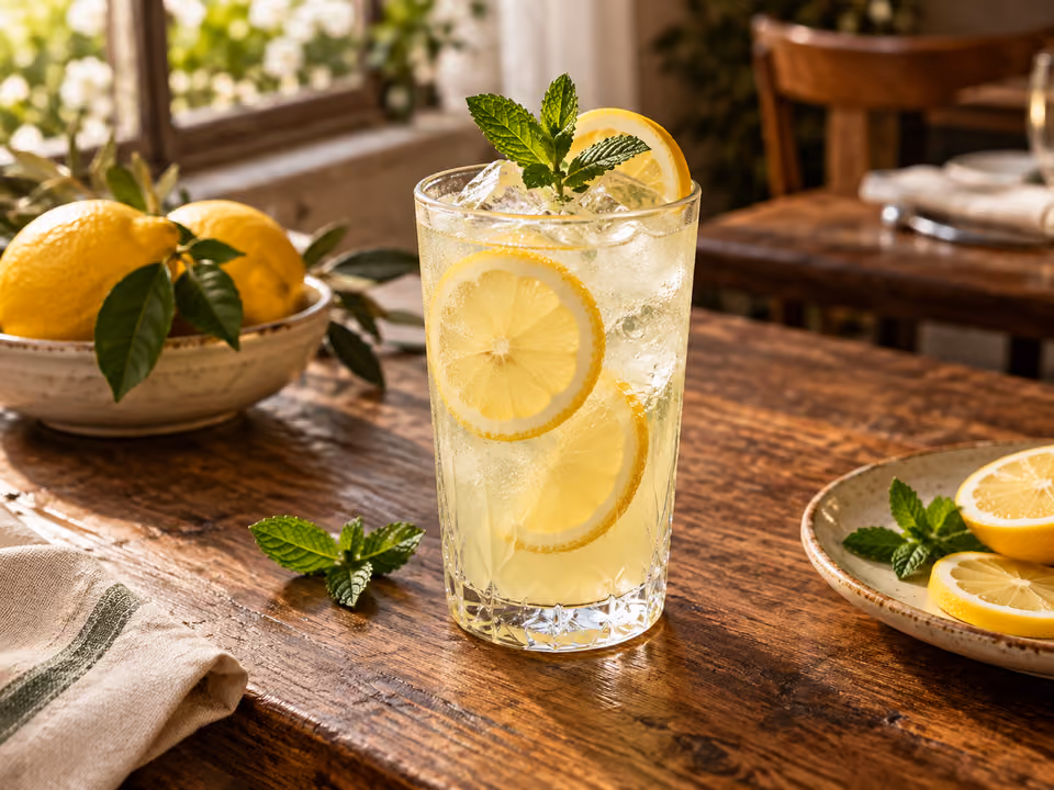 Lemoniada z plasterkami cytryny, lodem i miętą