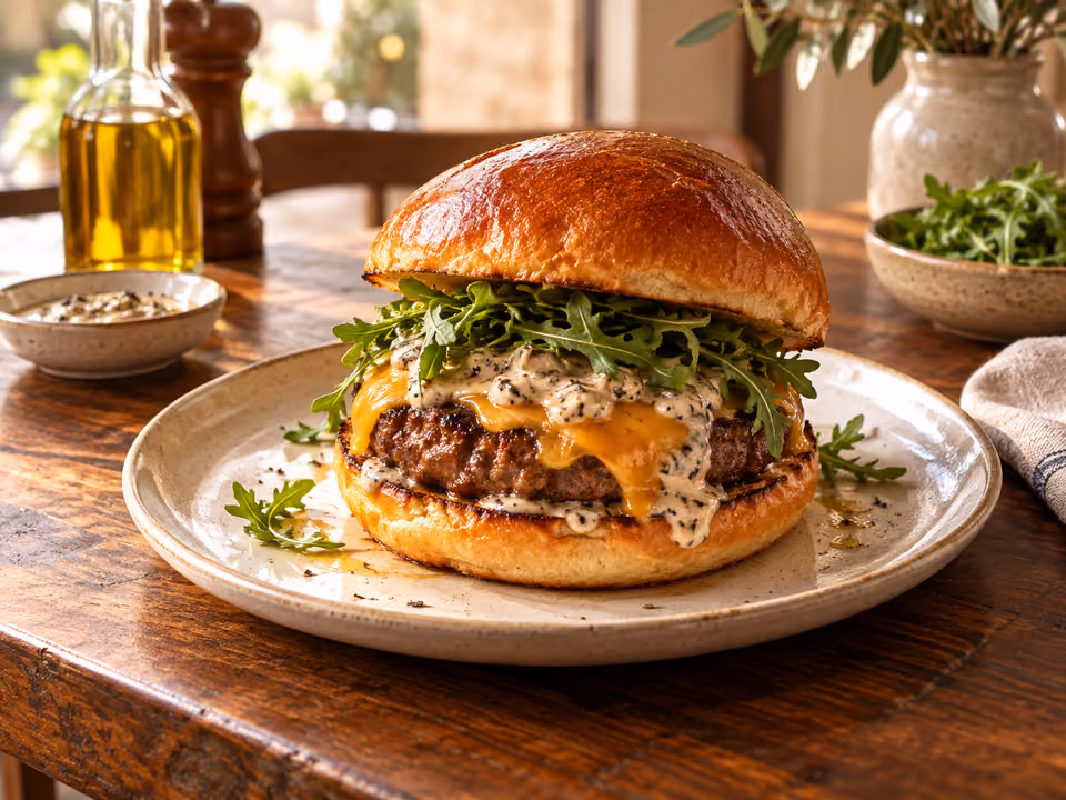 Burger wołowy z rukolą i sosem truflowym