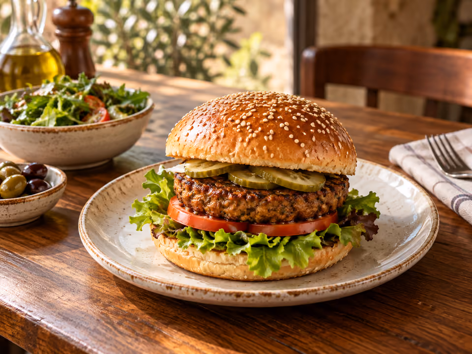 Burger z roślinnym kotletem i świeżymi warzywami